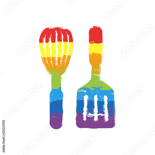Kitchen tool icon. Whisk and spatula. Drawing sign with LGBT style, seven colors of rainbow (red, orange, yellow, green, blue, indigo, violet