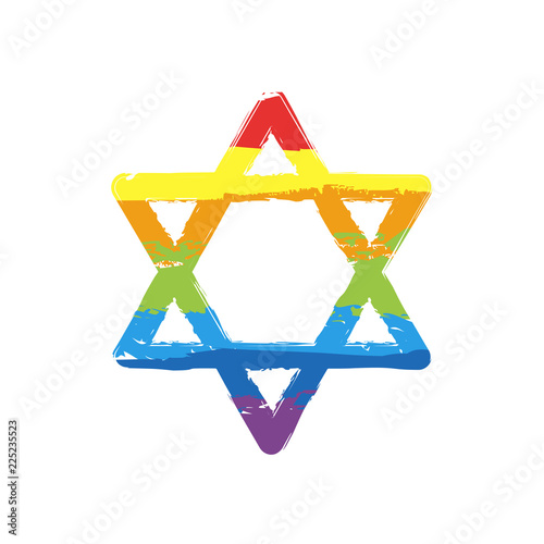 Star of david, simple icon. Drawing sign with LGBT style, seven colors of rainbow (red, orange, yellow, green, blue, indigo, violet