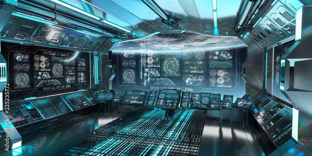 Naklejka premium Blue spaceship interior with control panel screens 3D rendering