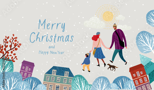  vector illustration of a happy family in christmas and new year on a walk around the city, mom, dad, child and dog stroll through the park, family in winter