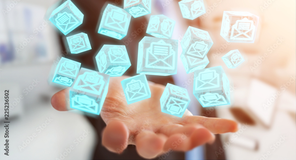 Businessman using floating cube emails 3D rendering Businessman using floating cube emails 3D rendering