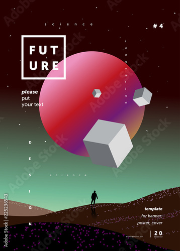 science fiction, abstract background for a poster or cover of the space and the future, a design template from multi-colored gradient, illustrations of planets, a starry sky, a spaceman