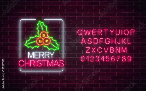 Glowing neon christmas sign with holly in rectangle frame with alphabet. Christmas symbol web banner in neon style.