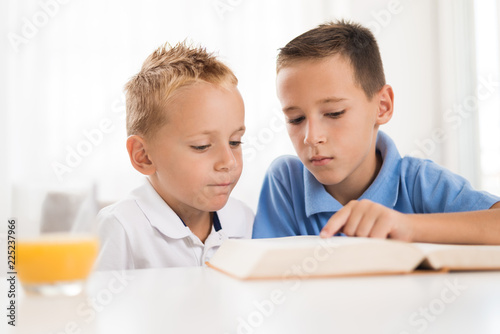Little boys reading a book.