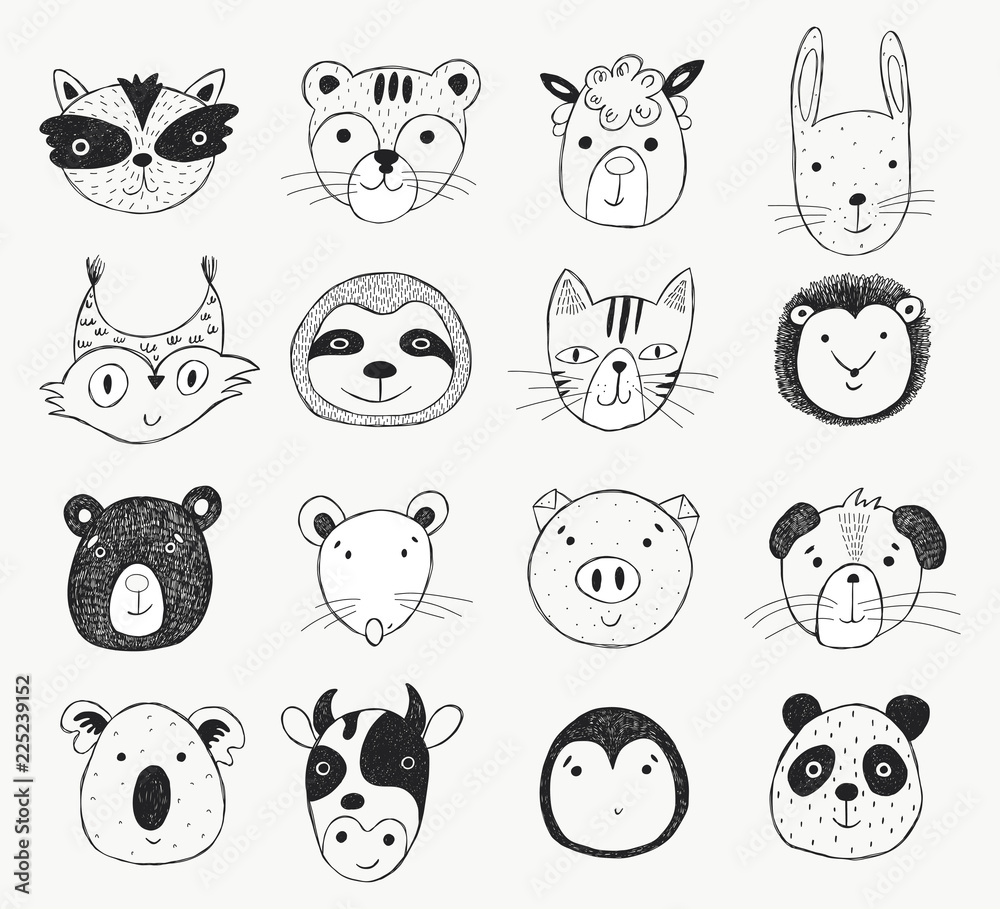 Funny animals face illustration isolated on white background.