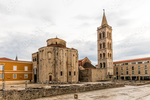 9th century church of St Donatus on the left and the bell tower of the Zadar Cathedral on the right in Zadar, Croatia