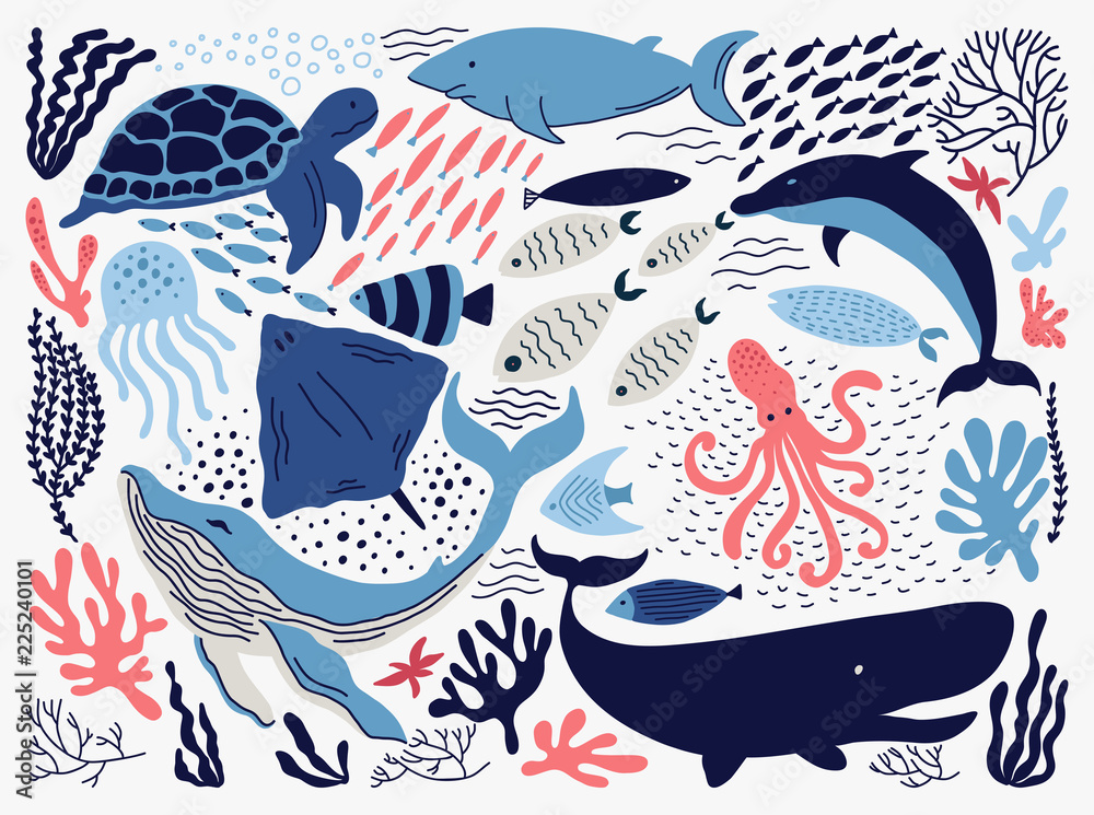 Obraz premium Zestaw z ręcznie rysowane elementy życia morskiego.