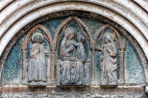 Tympanum above the entrance to the Zadar Cathedral of St. Anastasia in Zadar, Croatia, constructed in the Romanesque style during the 12th and 13th centuries.