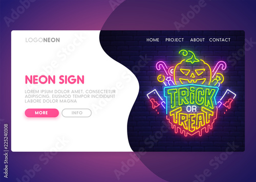 Landing Page. Mock up website. Home Page. Web banner templates. Social media, app. Theme Happy Halloween. Neon sign style. Vector illustration