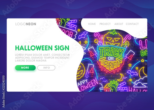 bigneon2Landing Page. Mock up website. Home Page. Web banner templates. Social media, app. Theme Happy Halloween. Neon sign style. Vector illustration