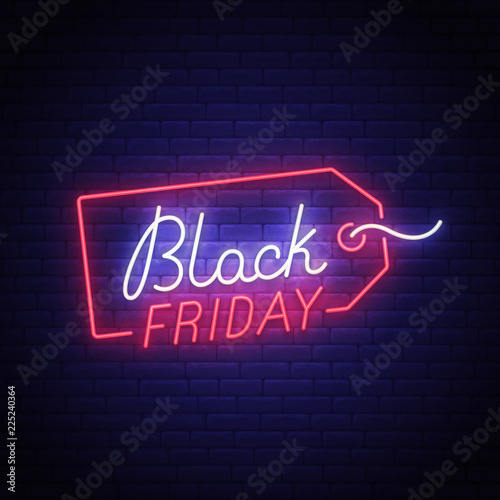 Black Friday neon sign, bright signboard, light banner. Big sale logo, emblem. Vector illustration