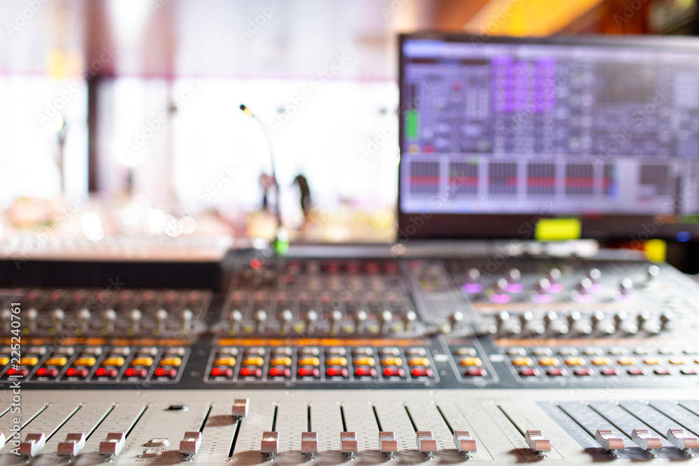 control Fader. Mixing console of light equipment operator at the concert. Sound recording studio mixing desk with engineer or music producer control Fader. Mixing console of light equipment operator at the concert. Sound recording studio mixing desk with engineer or music producer