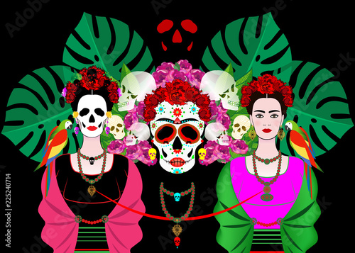 Canvas-taulu Mexican skull, mexican woman with a traditional hairstyle