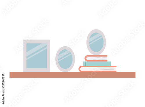 shelf with books and portrait