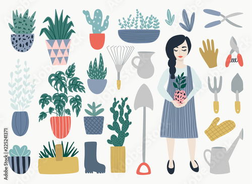 Gardening tools set. Spring time. Happy gardening design.