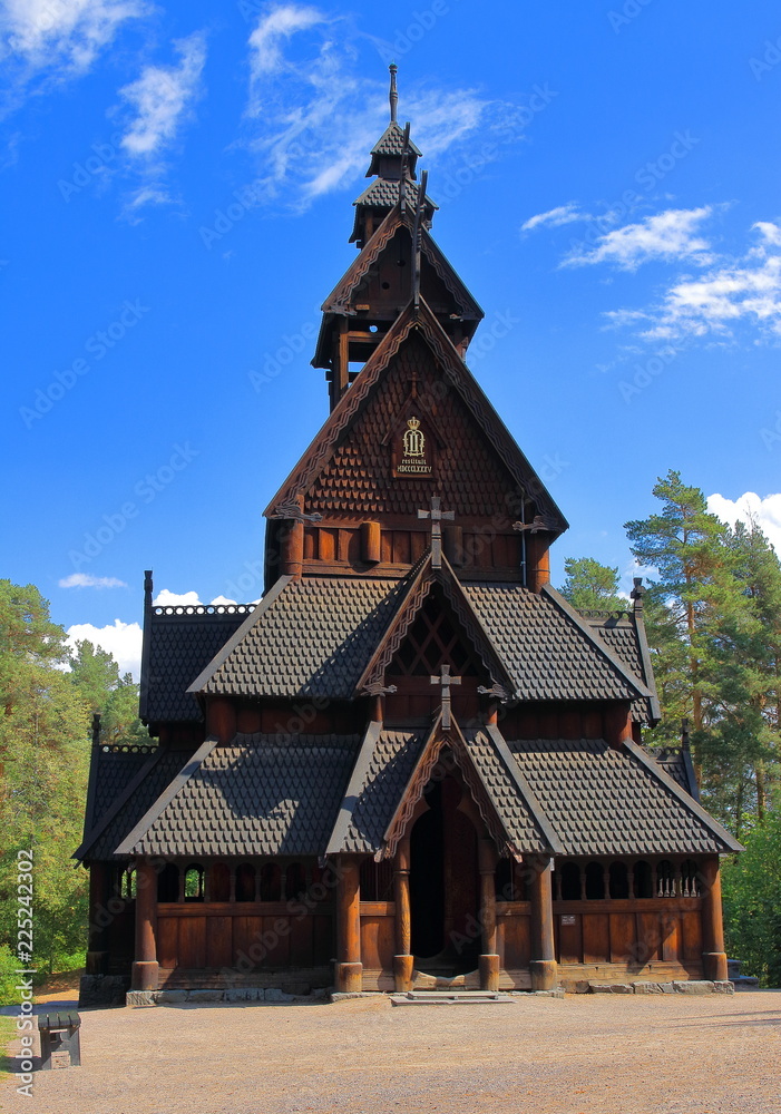 Main view of Gol Church,  a stave church originally built in Gol city, but now located in the Norwegian Museum of Cultural History at Bygdoy in Oslo, Norway.