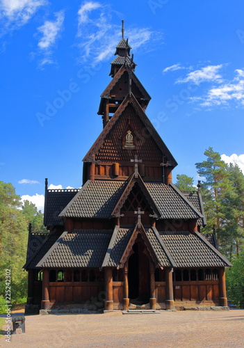 Main view of Gol Church, a stave church originally built in Gol city, but now located in the Norwegian Museum of Cultural History at Bygdoy in Oslo, Norway.