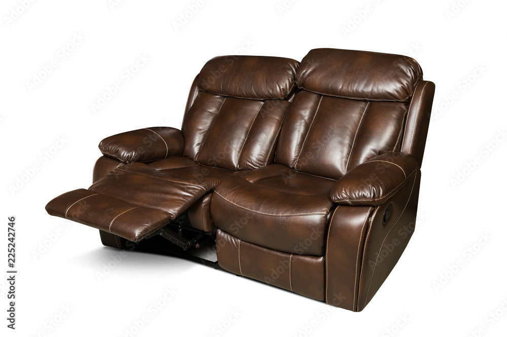 Open leather recliner couch isolated on white background