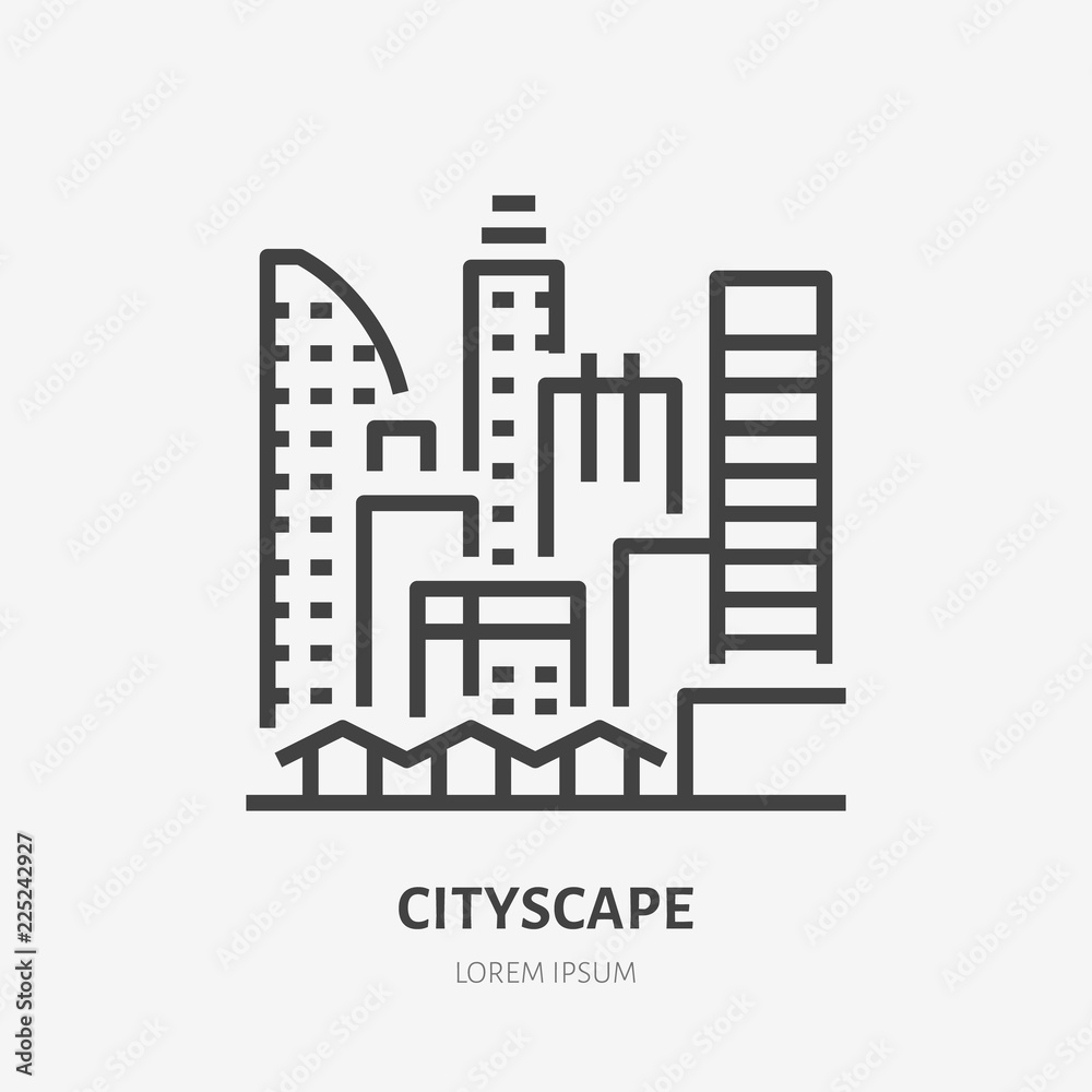 Obraz premium City line flat linear icon. Vector sign of urban cityscape, downtown buildings, skyscrapers outline logo.
