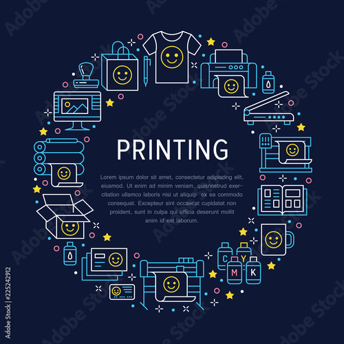 Printing house circle poster with flat line icons. Print shop equipment - printer, scanner, offset machine, plotter, brochure, rubber stamp. Polygraphy office signs, typography.