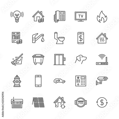 Public utilities flat line icons. Rent receipt, electricity water, gas, house heating, CCTV, overhaul, garbage vector illustrations. Thin signs utility invoice. Pixel perfect 64x64. Editable Strokes