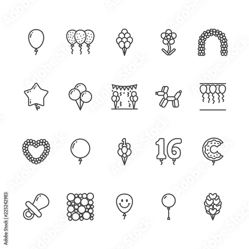 Balloonery flat line icons. Balloons for birthday party decoration, star, heart shape, confetti, foil balloon vector illustrations. Thin signs romantic present. Pixel perfect 64x64. Editable Strokes.