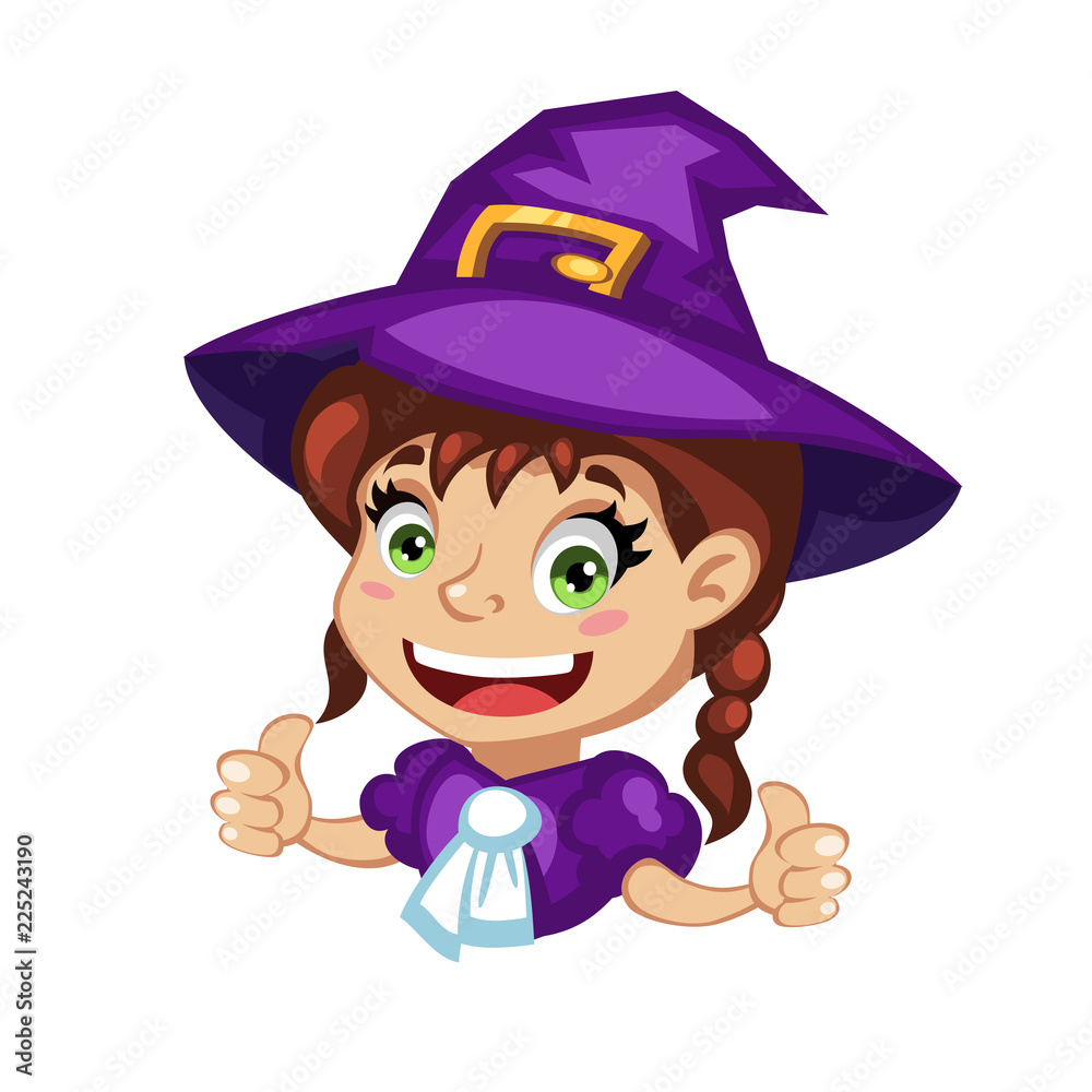 Cartoon young girl witch character with thumbs up