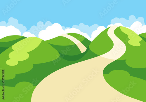 Cartoon illustration of spring landscape with blue sky and green hills