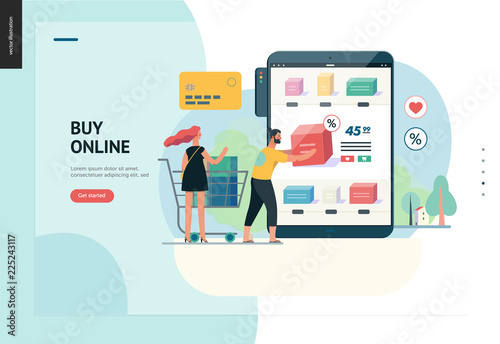 Business series, color 1 - buy online shop - modern flat vector illustration concept of man and woman shopping online Website interaction and purchasing process. Creative landing page design template
