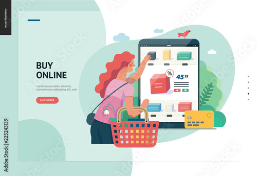 Business series, color 1 -buy online shop -modern flat vector illustration concept of woman shopping online holding basket. Website interaction -purchase process. Creative landing page design template