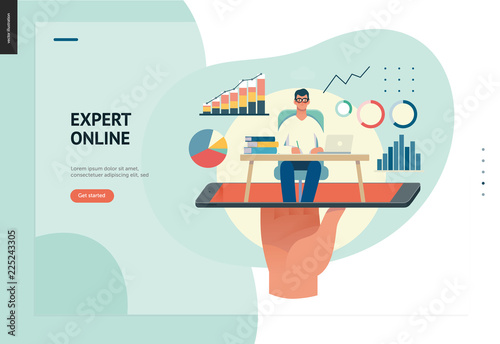 Business series, color 1 - expert online consulting -modern flat vector illustration concept of consultant online from smartphone. Consulting interaction process. Creative landing page design template