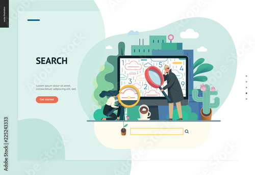 Business series, color 1 - search page - modern flat vector illustration concept of digital data research on computer. Information researching interaction process Creative landing page design template