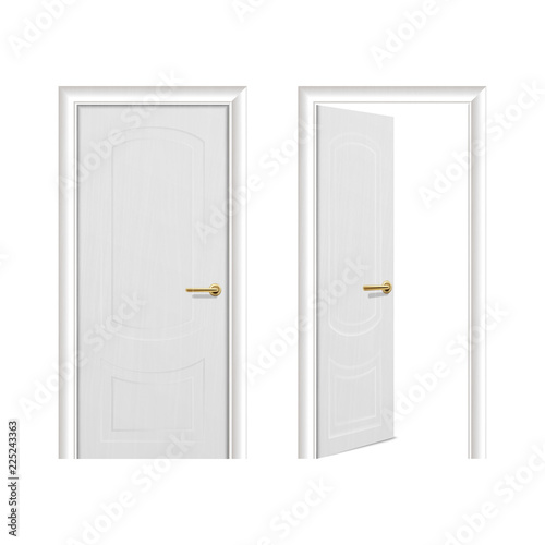 Vector realistic different opened and closed white wooden door icon set closeup isolated on white background. Elements of architecture. Design template for graphics, Front view
