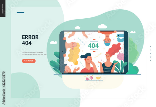 Business series, color 1- error 404 -modern flat vector concept illustration of page Error 404 - puzzled people on the tablet screen. Page not found metaphor Creative landing page design template