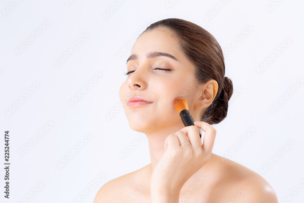 Beauty of portrait asian woman applying make up with brush of cheek isolated on white background, beautiful of girl holding blusher, skincare and cosmetic concept. Beauty of portrait asian woman applying make up with brush of cheek isolated on white background, beautiful of girl holding blusher, skincare and cosmetic concept.