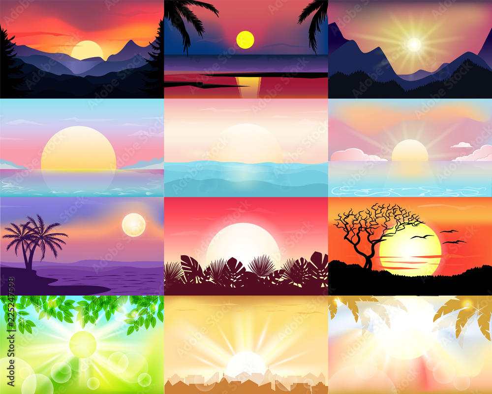 Sunset vector sunrise with Hawaii palms or mountain silhouette on backdrop illustration set of tropical sunlight background and summer sunshine seacoast wallpaper