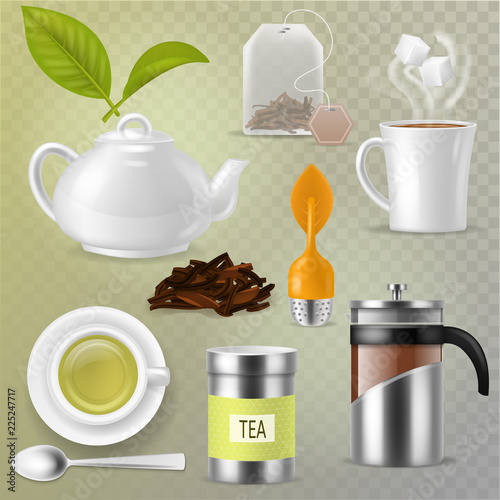 Tea vector drink herbal beverage with dry leaves in tea-cup and teapot or french presson teatime illustration set of mug or cup and tea caddy isolated on transparent background