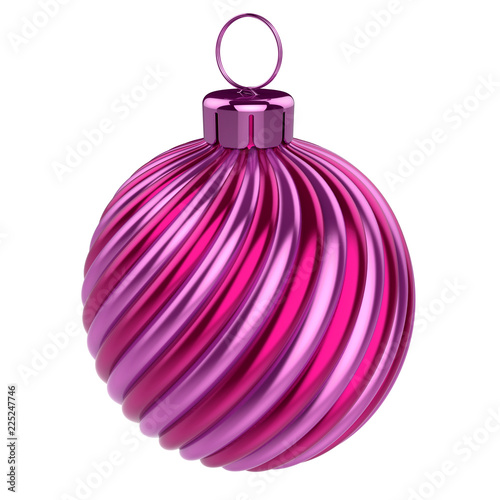 bauble Christmas ball decoration striped violet pink. New Year's Eve hanging decor adornment traditional, Merry Xmas wintertime ornament. 3d rendering