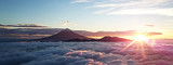 富士山を取り巻く雲海と朝日