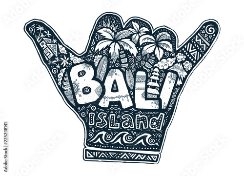 Tattoo grunge style vector surfers shaka hand silhouette with white lettering and doodle illustration inside. Bali island concept isolated on white background