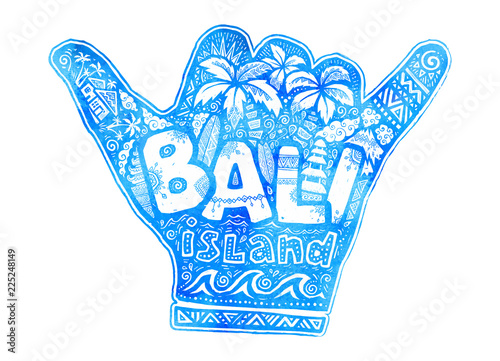 Blue watercolor hang loose shaka hand silhouette with white lettering Bali island inside. Vector doodle style surfing symbol