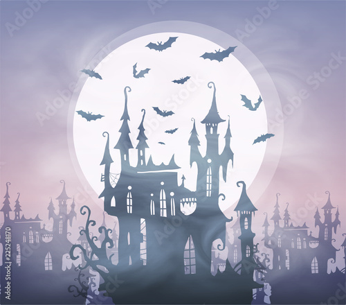 Pastel colors pink and violet moonlight witch castle with giant moon and bats silhouettes. Vector Halloween poster background