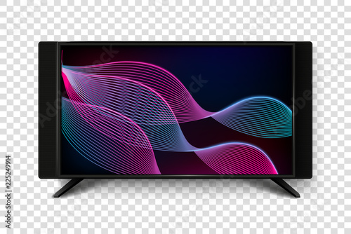 Modern smart TV set 3d vector illustration. Isolated realistic icons on transparent background. LCD Plasma screen with abstract background.