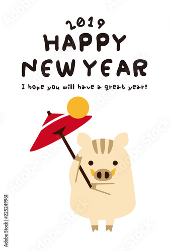 年賀状19 傘回し 亥 かわいい 年賀状テンプレート Stock ベクター Adobe Stock