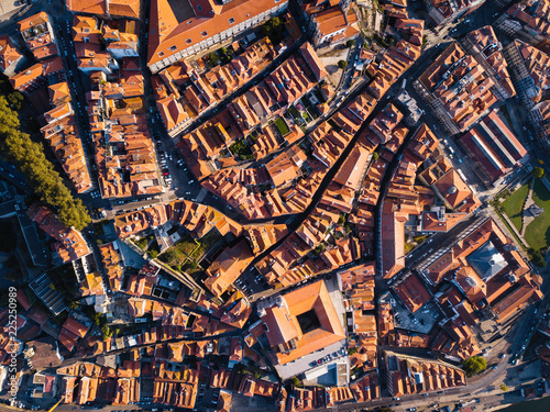 Aerial view of roofs houses Porto old city center, Portugal.