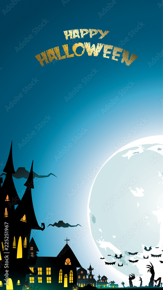 Halloween night background with pumpkin, haunted house, castle and full moon. Flyer or invitation template for banner, party, Invitation . Vector illustration with place for your Text & copy space
