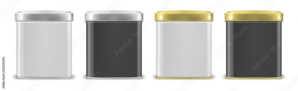 Vector realistic 3d white blank metal aluminium tin can containers with silver and gold cap different color - white and black - icon set closeup isolated on white background. Design template for Vector realistic 3d white blank metal aluminium tin can containers with silver and gold cap different color - white and black - icon set closeup isolated on white background. Design template for