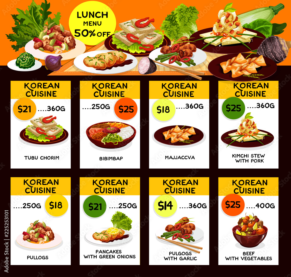 Korean cuisine kimchi and meat dishes lunch menu