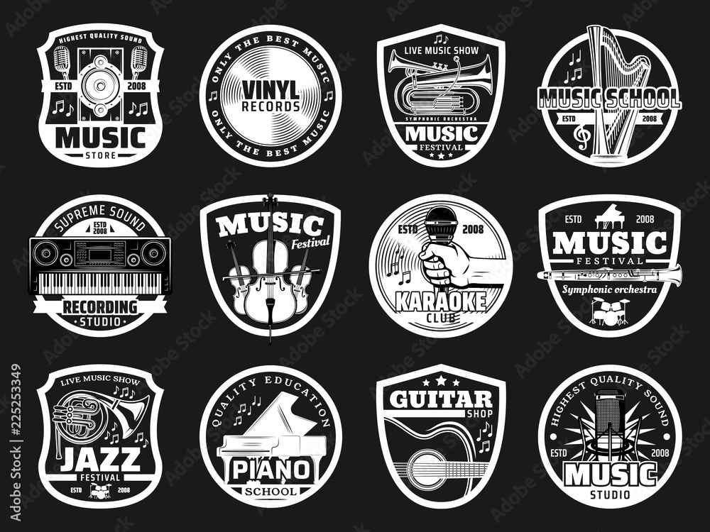 Music school, festival and karaoke club icons Music school, festival and karaoke club icons