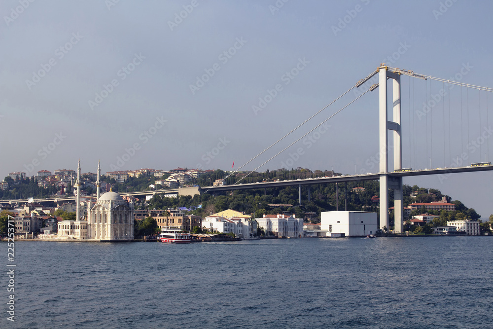 View of old, historical Ortakoy Mosque by Bosphorus, the bridge and European side of Istanbul.